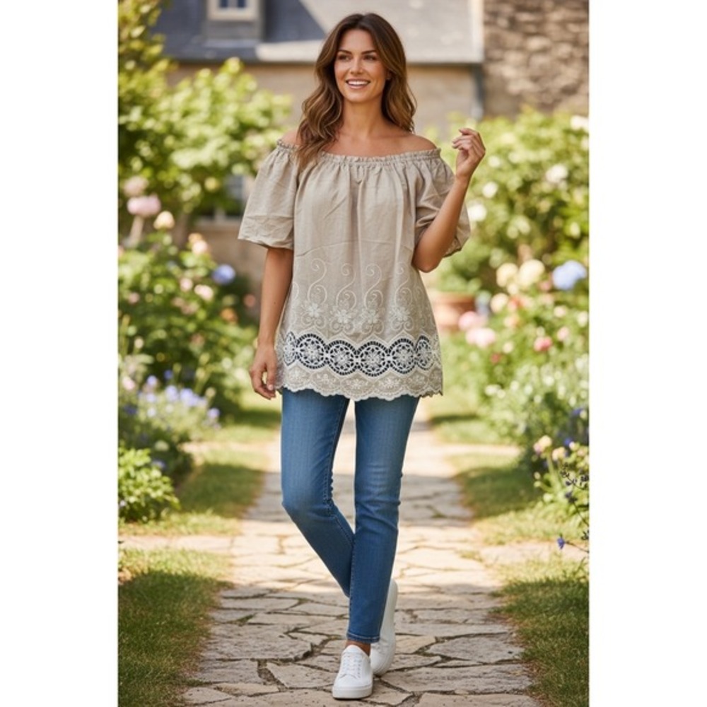 Love J Beige Off Shoulder Embroidered Lace Trim Boho Peasant Top